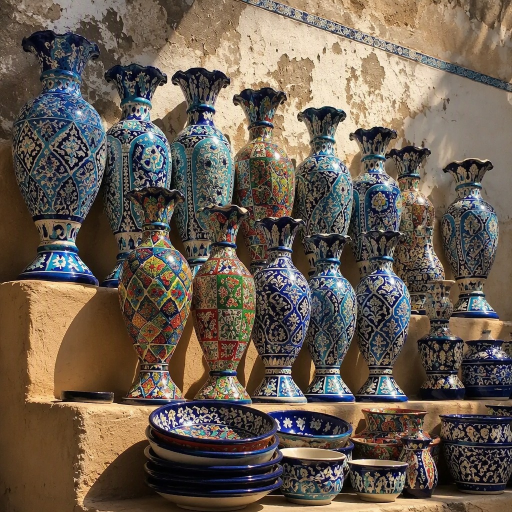 Vases and bowls on the sunlit steps outside the chamber