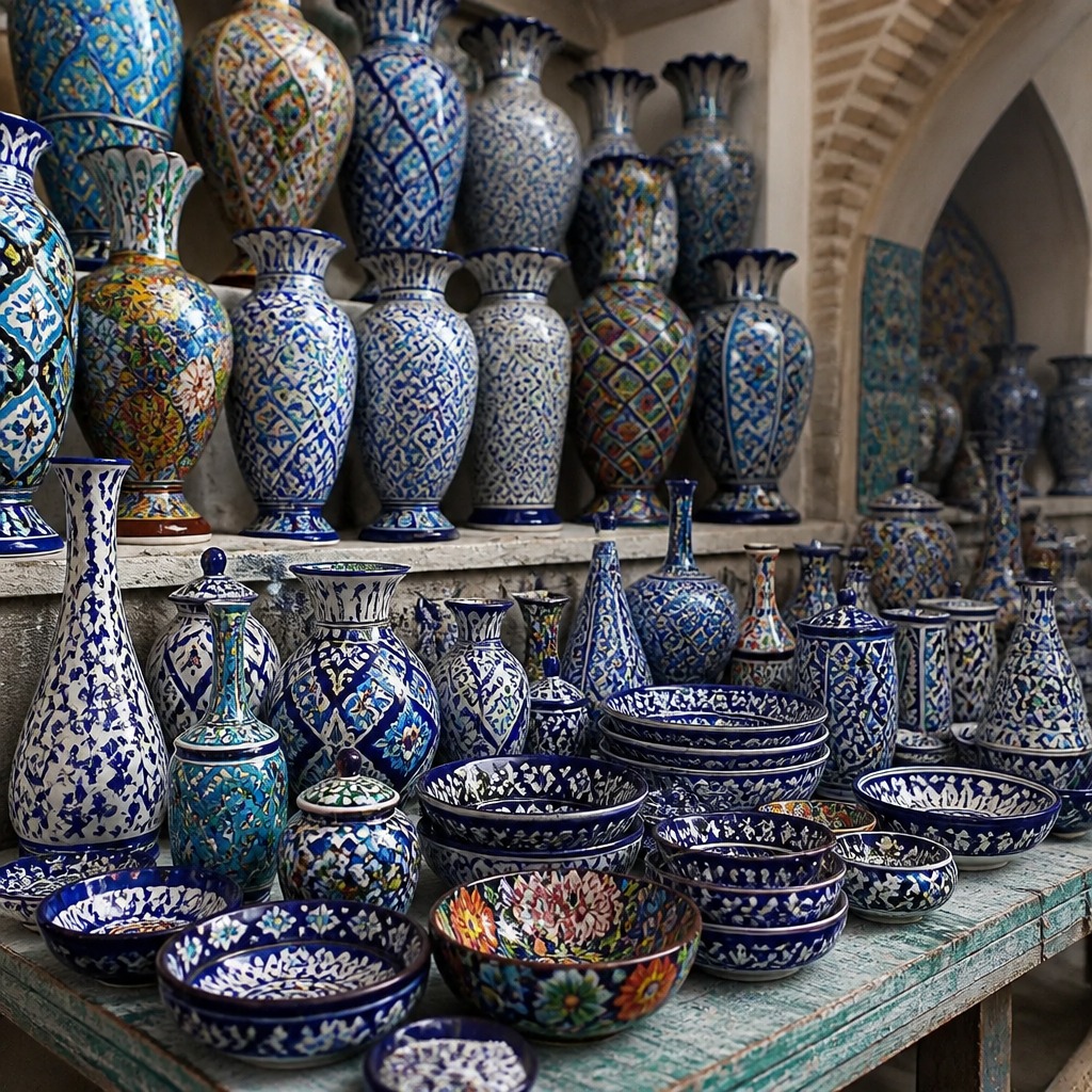 Vases, lidded jars and floral bowls stacked on the shop table