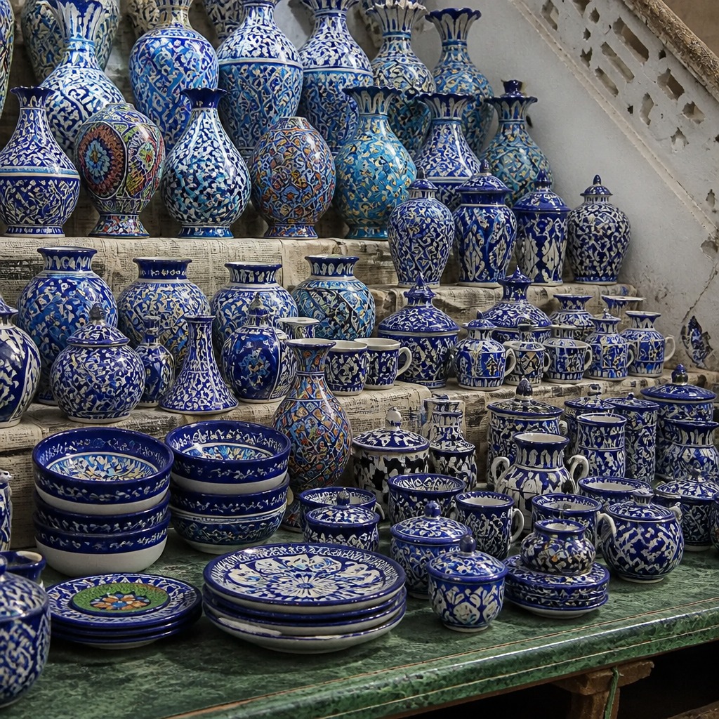 Jars, mugs, bowls and plates laid out on the display bench