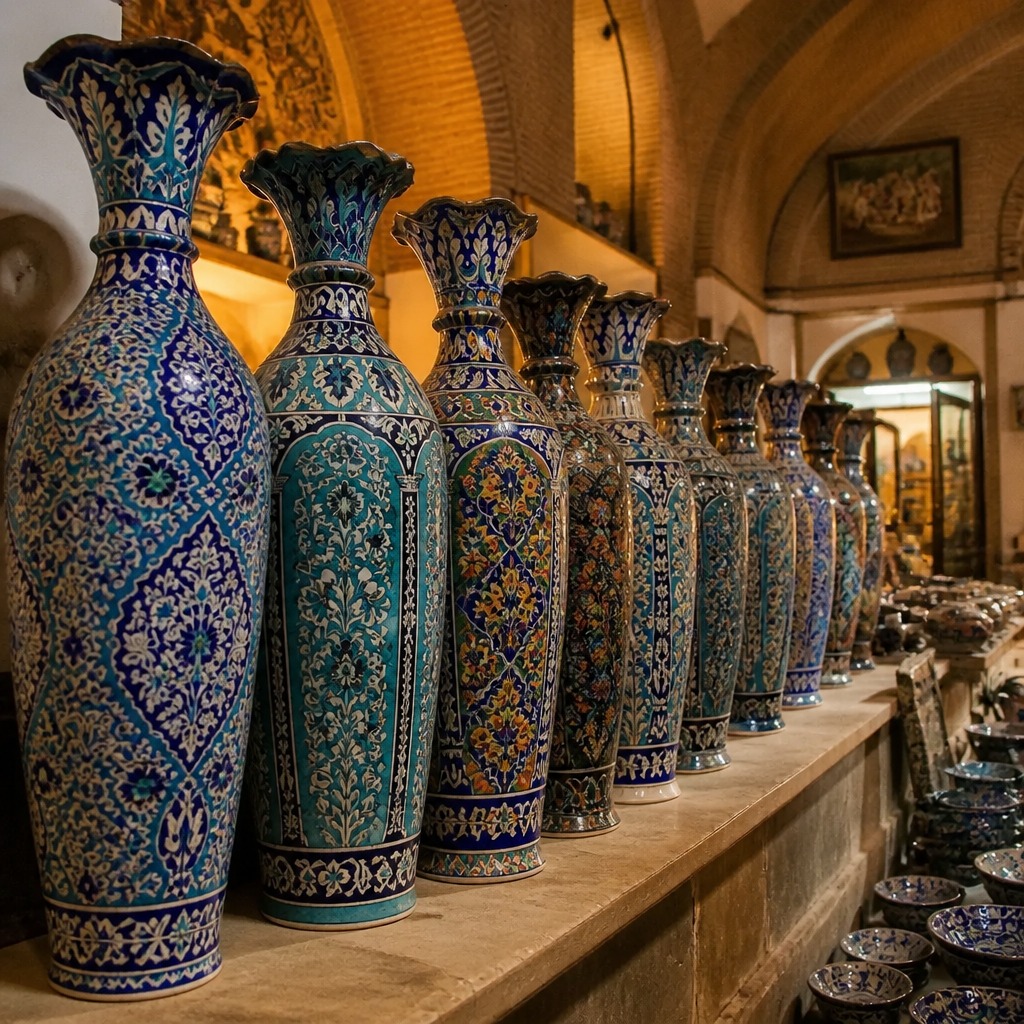 A row of tall kashigari vases along the lamp-lit arcade