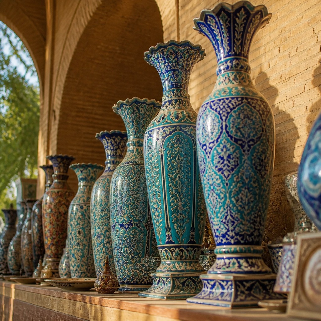 Turquoise and cobalt vases along the brick arcade