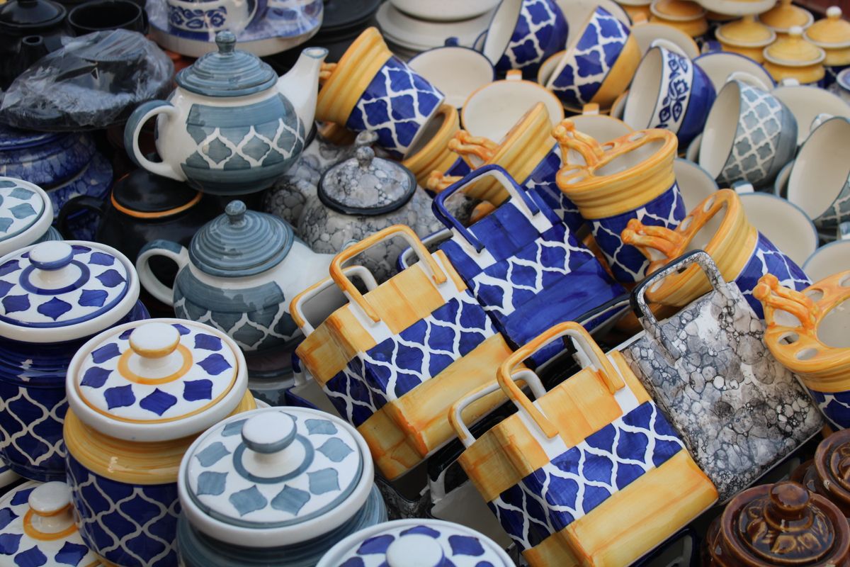 Blue pottery teapots and jars